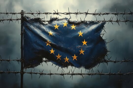 torn blue flag with twelve yellow stars trapped on rusty barbed wire under a stormy sky, conveying despair and confinement