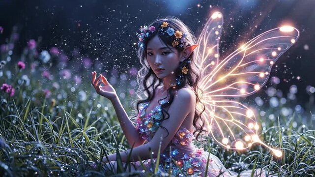 Beautiful Fairy with Glowing Wings in Enchanted Meadow. 4K Video