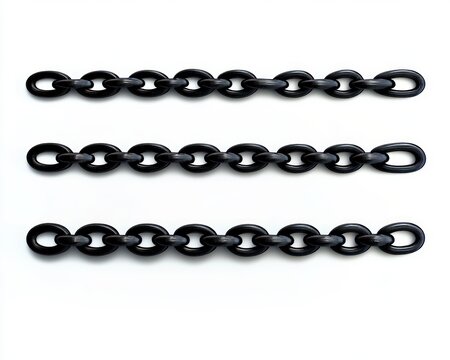 Three parallel black metal chains on white background conveying minimalist order and restrained industrial rhythm