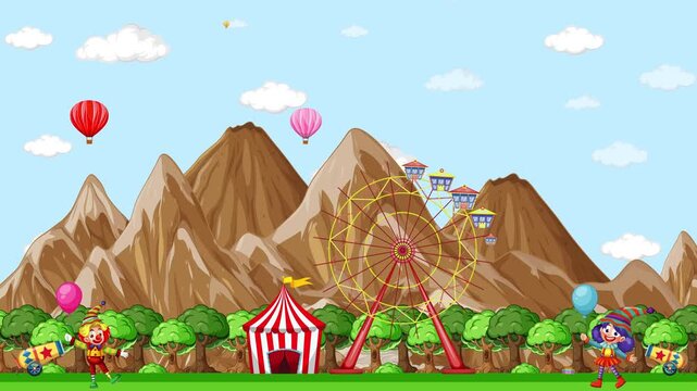 Animated Cartoon Amusement Park Background with Rides and Hot Air Balloons