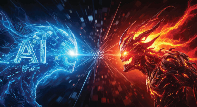 A futuristic robotic head with glowing blue circuits versus a fiery monster with sharp teeth and claws