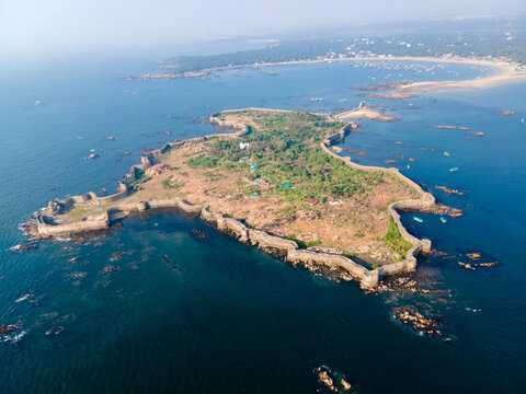 Drone View of Sindhudurg Fort Surrounded by Sea in Maharashtra, India