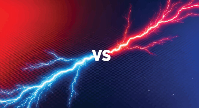 Electric blue and red lightning bolts on a versus background with a textured effect