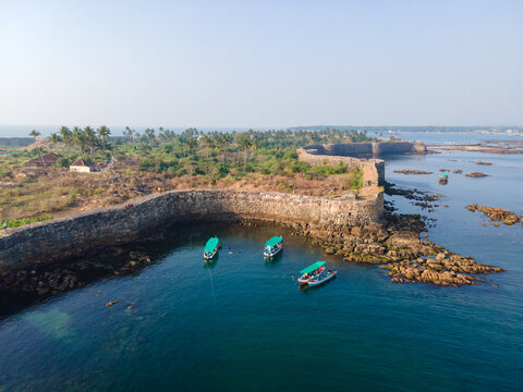 Aerial View of Sindhudurg Fort in Arabian Sea at Malvan, Maharashtra, India