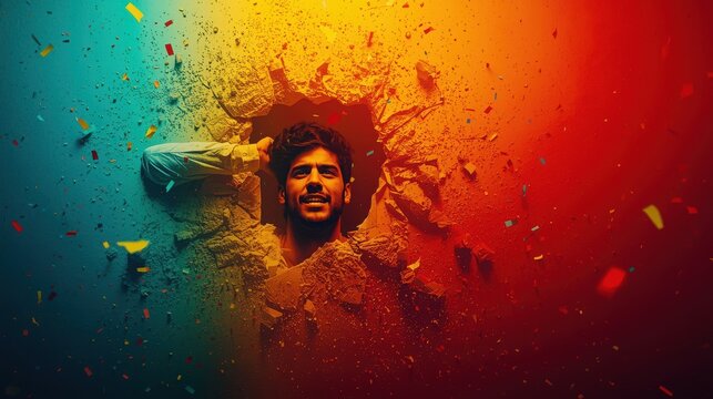 Man bursting through colorful wall with confetti and vibrant gradient background