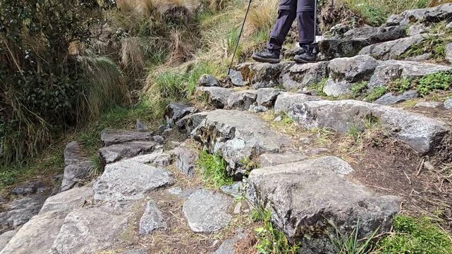 Inca Trail, Peru - 26 June 2024. A hiker using walking sticks steps down worn stone stairs on a steep mountain path with grass, rocks, and uneven surfaces.