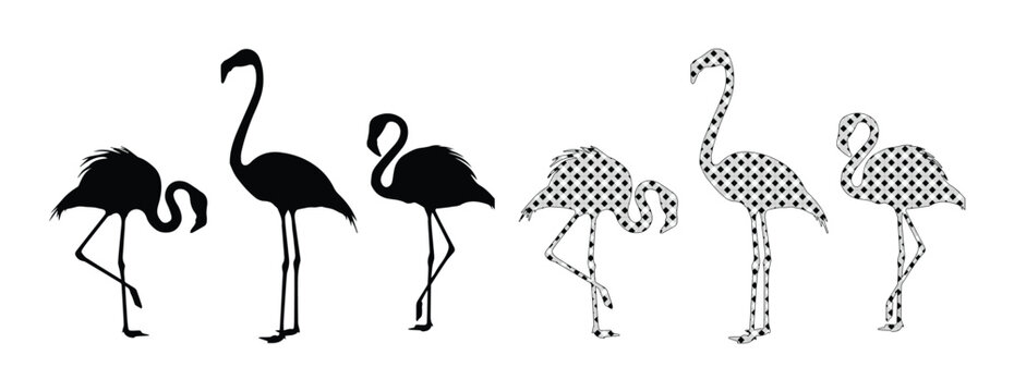 Minimalist flamingo silhouette set, black tropical bird icons in solid and checkered patterns, 6 vector elements for summer beach decor