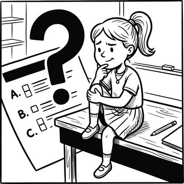 Confused school girl thinking while sitting on desk with large question mark and multiple choice test paper confused thinking education learning