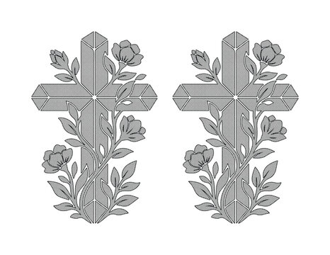 Ornate Christian cross with floral vine vector, religious memorial symbol with blooming flowers, set of 2 grey stone textured crucifix icons