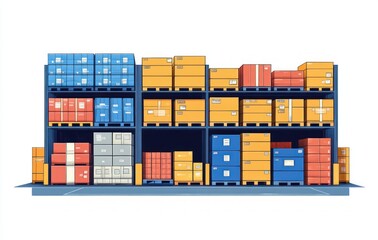 Fototapeta premium Neat industrial warehouse racking with colorful stacked pallets and boxes on metal shelves conveying efficiency and order