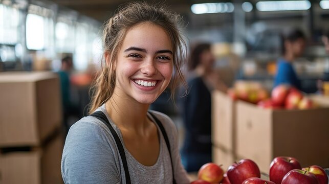 young volunteer woman with blurred face packing red apples into cardboard boxes in a busy warehouse, focused and compassionate