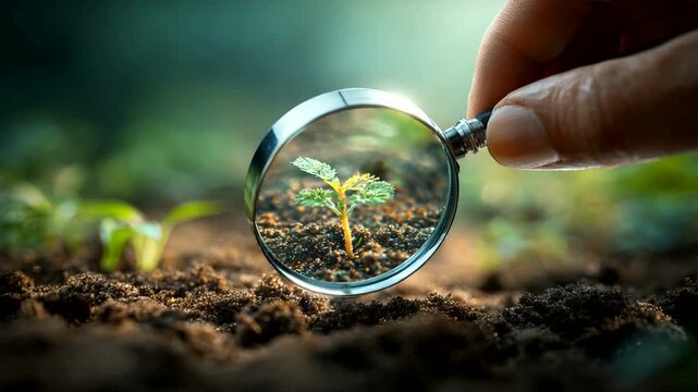 Close-up of a hand examining a young plant with magnifying glass