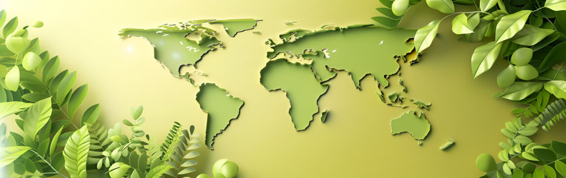 Green world map surrounded by lush leaves and foliage