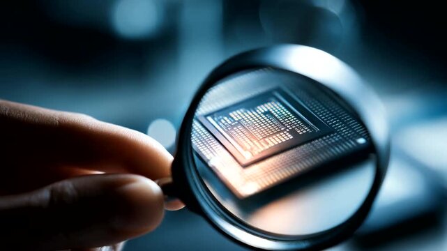 Close-up of a hand holding a magnifying glass over a microchip