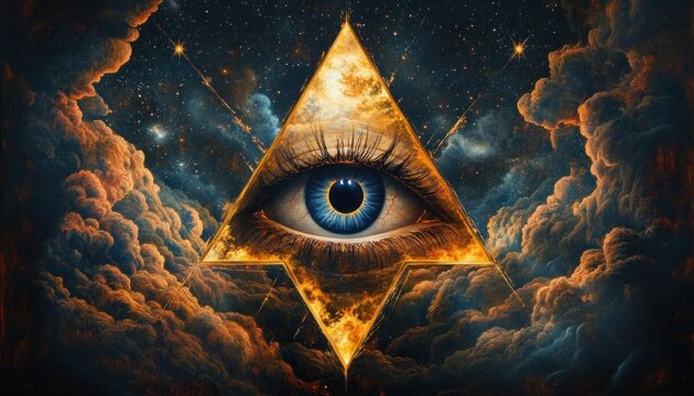 Blue human eye within a glowing golden triangle hovering in fiery clouds and a starry cosmic sky, evoking a mysterious watchful awe