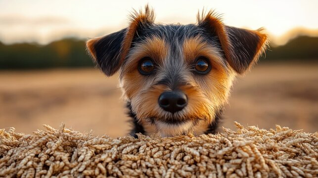 small dog's perky ears peeking over a pile of golden wheat in a sunlit field at golden hour, playful and peaceful atmosphere