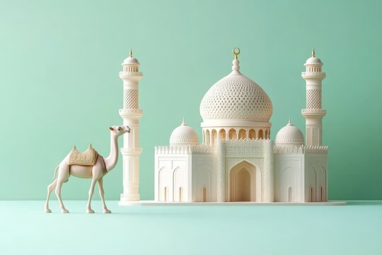 ornate white domed mosque model with four minarets and crescent finial beside a decorated camel on a mint pastel background, evoking a calm and serene mood
