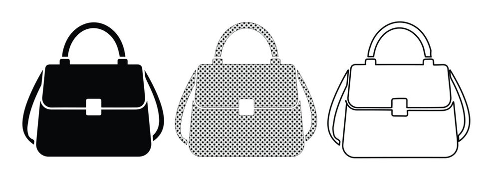 Minimalist handbag vector icons, elegant female fashion purse set, black and white luxury satchel illustrations for retail and shopping design