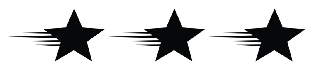 Obraz premium Fast moving stars with motion blur lines, black shooting star icons set, dynamic speed effect vector graphics for sports and gaming logos