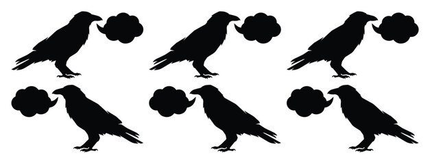Black crow silhouette set with speech bubbles, raven bird vector icons collection, dark gothic corvid illustrations for halloween and spooky design © Carter