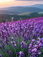 Obraz premium Close-up of vibrant lavender blooms in a sunlit hillside field at sunset with rolling hills and a peaceful, fragrant atmosphere