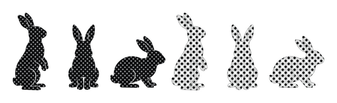 Checkered rabbit silhouettes set, 6 black and white bunny vector icons, textured Easter hare shapes for spring holiday decor and graphic design