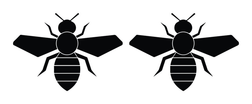 Minimalist honey bee silhouette vector, black bumblebee icons on white background, geometric insect graphic set for organic branding and logo design