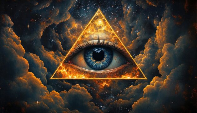 A luminous blue eye encased in a fiery golden triangle hovering amid swirling cosmic clouds and a starry sky, evoking a watchful, mysterious awe