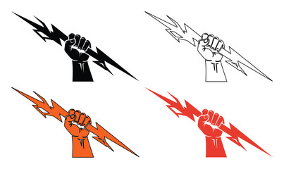 Powerful fist holding lightning bolt vector set, clenched hand gripping thunderbolt icons, mythological god of thunder symbols in black and red © Carter
