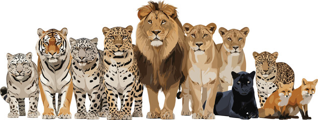 Big Cats Collection with Lion Tiger Leopard Panther and Cheetah Realistic Wildlife Animals Vector Illustration Set © MstShahida