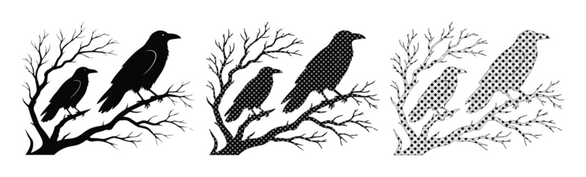 Black raven silhouette set, crow birds perched on bare winter branches, dark gothic nature vector collection for Halloween and spooky design