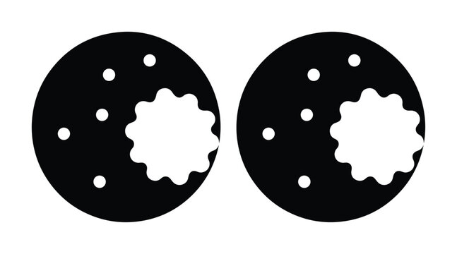 Minimalist chocolate chip cookie icons, black and white bitten biscuit vector set, simple sweet snack silhouettes for bakery branding