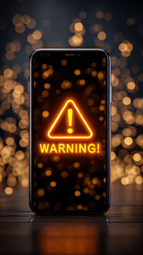Warning sign smartphone screen alert mobile phone caution message glowing exclamation symbol cyber security risk notification digital danger