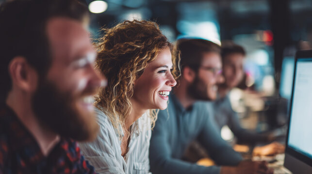 Young professional team office computer startup coworking collaboration software smiling focus business people workplace coding technology modern