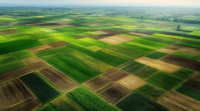 aerial patchwork of rectangular farmland fields in varying green and brown tones under soft light with distant horizon and scattered trees, evoking calm rural tranquility