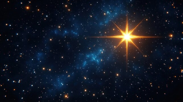 Radiant golden star with eight-point spikes over a field of twinkling stars and blue nebulous clouds, evoking awe, wonder, and cosmic tranquility
