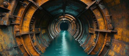 Fototapeta premium rusted circular industrial tunnel with teal water, lone hanging bulb and vanishing darkness, moody eerie underground perspective