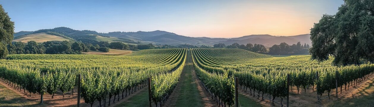 Sunlit vineyard with converging rows and central dirt path, lush grapevines stretching toward rolling hills and distant ridges under a clear golden hour sky, serene and peaceful
