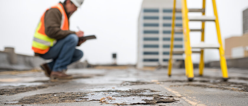 Safety inspector roof damage construction worker insurance adjuster building inspection safety equipment urban rooftop worker note taking hazard