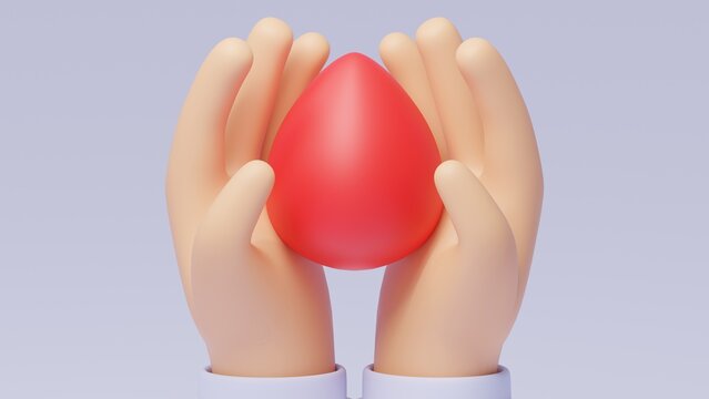 Hand with blood drop on light background. Healthy lifestyle, medical healthcare concept. 3d-render icon