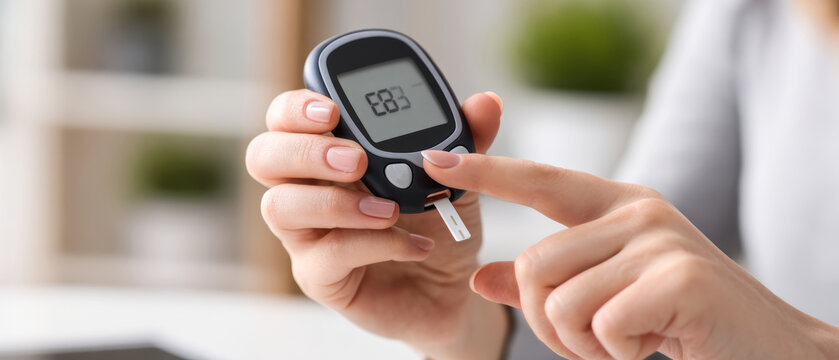 Blood glucose meter diabetes test finger prick hand close up healthcare medical device monitor
