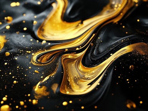 flowing gold liquid waves on a glossy black surface with shimmering particles, luxurious and dynamic abstract motion