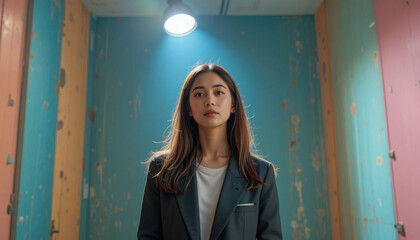 Fototapeta premium Young woman in a blazer standing under a light in a hallway with colorful lockers