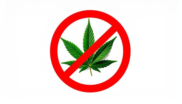 Prohibition sign showing cannabis leaf crossed out with restriction symbol