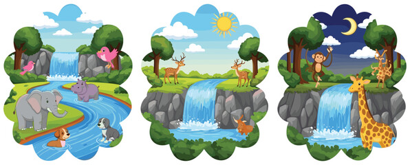 Cartoon Nature Scenes Collection with Waterfall River Forest Animals Day and Night Landscape Vector Illustration Set © MstShahida