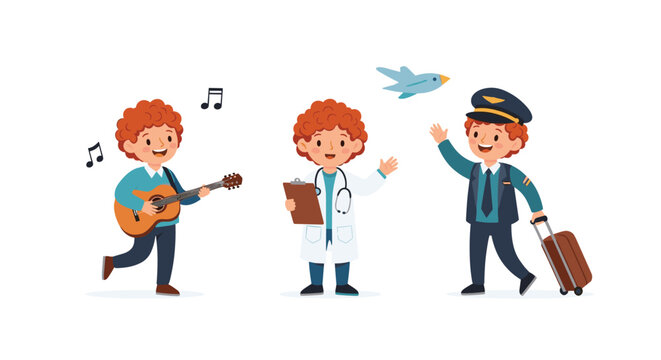 Same young boy is depicted in three different career roles including a musician with a guitar, a doctor with a stethoscope, and a pilot.