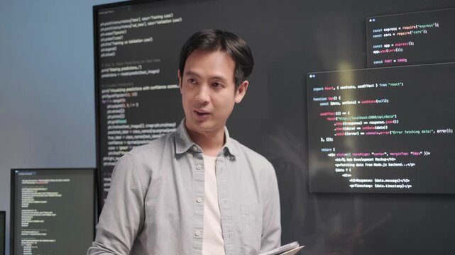 Programmer software developer project presentation meeting brainstorming discussion data analysis coding information technology, indoor office working concept