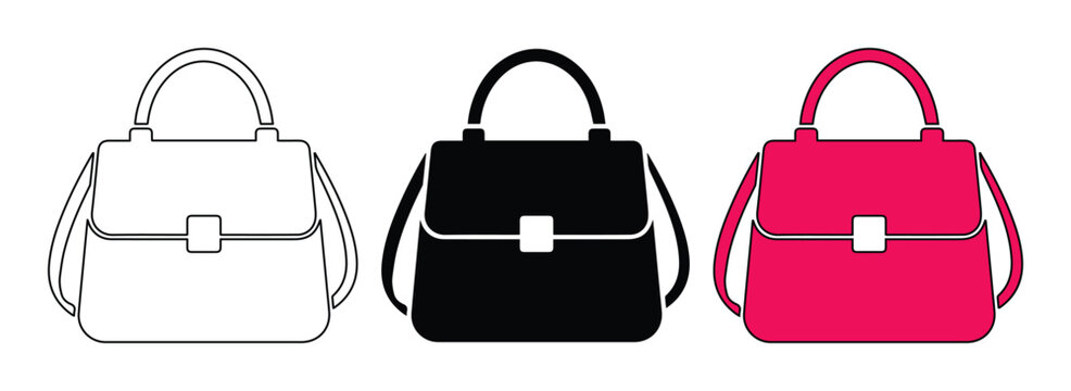Fashion handbag vector icons set, elegant female purse in black and pink colors, stylish lady shoulder bag collection for retail and shopping design