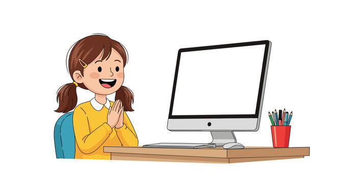 Young girl with pigtails sits at a wooden desk and claps her hands excitedly in front of a blank computer screen.