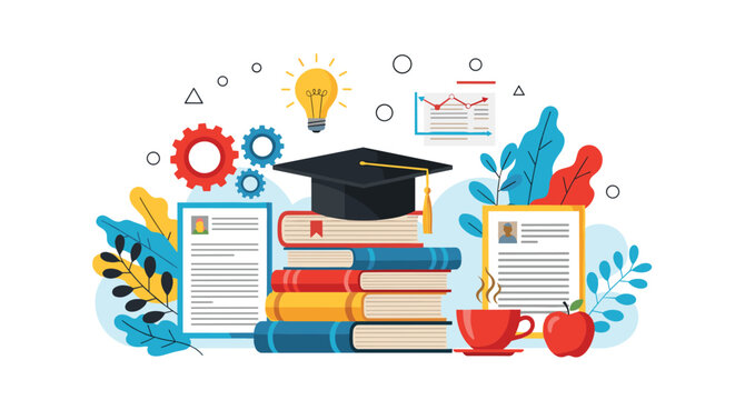 Educational concept features a graduation cap resting on a stack of books surrounded by lightbulbs, gears, and data charts.